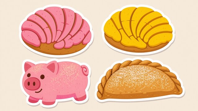 Mexican sweet bread pan dulce sticker set, colorful conchas and marranito pig illustration, traditional bakery pastries on beige background, flat cartoon style food art