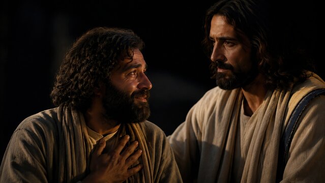Jesus Christ talking with repentant merchant after cleansing of Jerusalem temple. Biblical scene of forgiveness and faith from Gospel of John. Christian religious concept for Easter and church