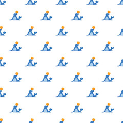 Fototapeta premium Blue seal cartoon character balancing an orange ball on its nose creating a seamless pattern