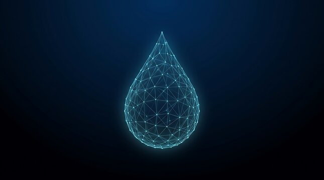 Glowing plexus water droplet wireframe mesh on dark blue background