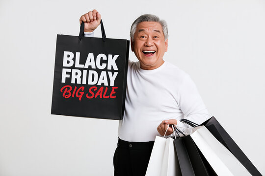 An elderly Asian man beams with delight, holding shopping bags emblazoned with BLACK FRIDAY BIG SALE, capturing the excitement of consumerism.