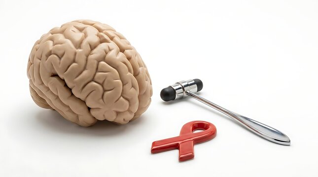 Human brain model with a medical reflex hammer and a red awareness ribbon.
