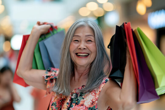 An elderly Asian woman with a bright smile and grey hair happily holds up colorful shopping bags, enjoying a day of retail therapy at a mall.