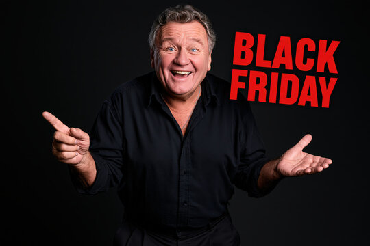 A cheerful man in a black shirt, with a wide smile and open arms, gestures enthusiastically next to bold red text that reads BLACK FRIDAY.