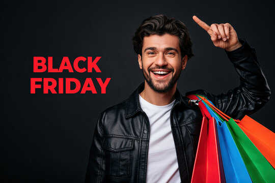 Black Friday shopping spree with a happy man holding colorful shopping bags, text 'BLACK FRIDAY' in red.