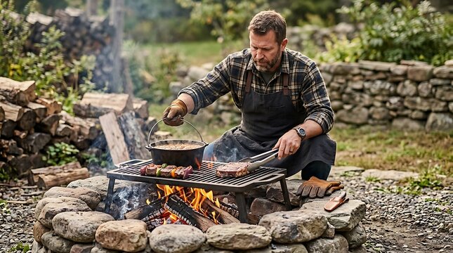 Man cooking meat and stew over a rustic stone fire pit grill