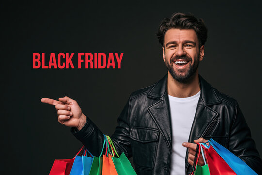 A happy man in a leather jacket holds colorful shopping bags, pointing to the text BLACK FRIDAY, promoting holiday shopping and exciting deals.