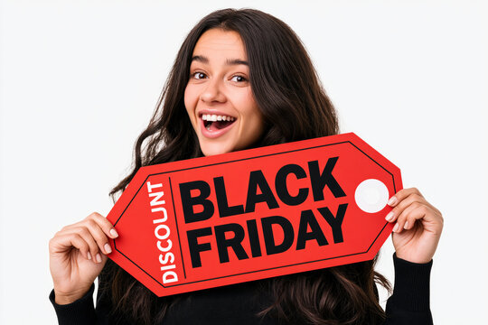 An excited young woman beams with joy, holding up a bright red Black Friday discount tag, ready to embrace the shopping frenzy.