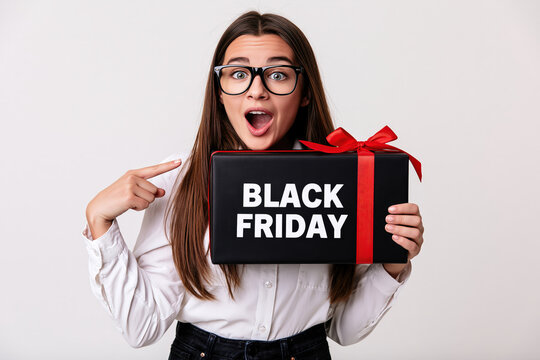 Excited young woman wearing glasses and a white blouse holds a black gift box with BLACK FRIDAY written in white. The gift box has a red ribbon and is adorned with a red bow.