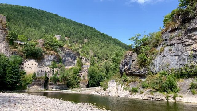 Gorges du Tarn Canyon River and Stone Houses in Village of Castelbouc France