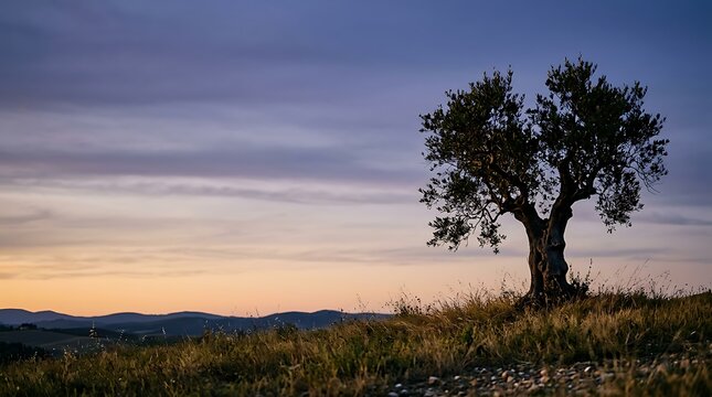 Single olive tree standing on a hill at sunset