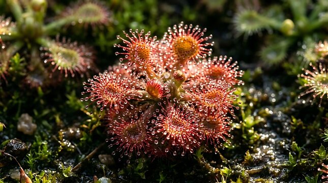 Red sundew plant glistening with sticky dew drops in moss