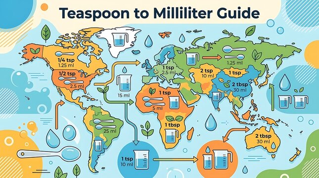 Teaspoon to milliliter conversion guide on world map infographic