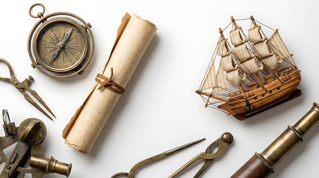 Vintage nautical navigation tools and a model ship on a white background.