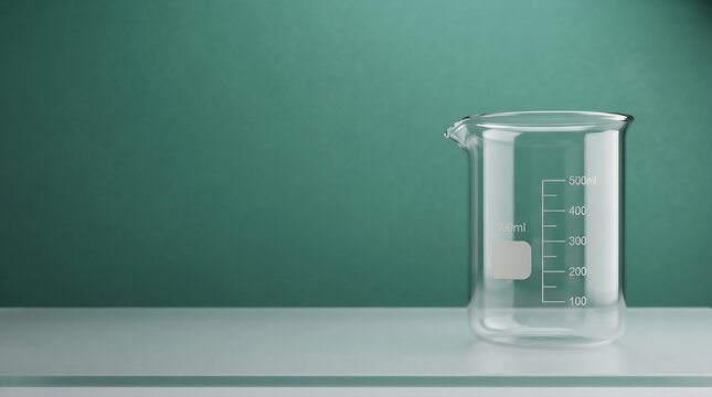 Empty glass measuring beaker on green laboratory table