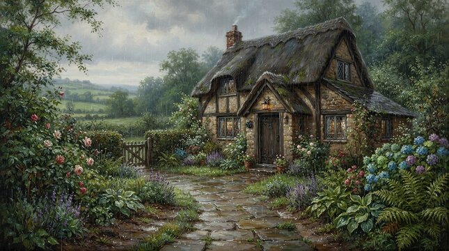 Rustic stone cottage with a thatched roof in a blooming english garden landscape rustic house countryside home floral landscape flowering plants charming cottage rural house
