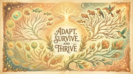Fototapeta premium Tree of life illustration showing evolution, adaptation and survival with diverse flora and fauna, central text reads Adapt, Survive, and Thrive