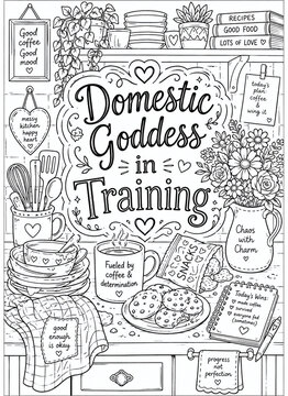 Funny adult coloring page with a cozy chaotic kitchen, coffee, dishes, snacks, flowers, and the quote Domestic Goddess in Training, illustrated as detailed black outline art