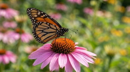 Obraz premium Monarch butterfly resting on a purple coneflower in a summer meadow with summer garden macro photography sunny day blooming flower garden wildlife winged insect flying insect