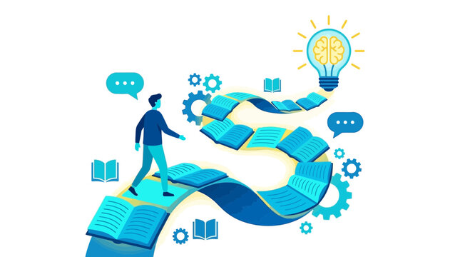 Educational path concept vector, man walking on book road to lightbulb idea, creative learning journey and knowledge growth