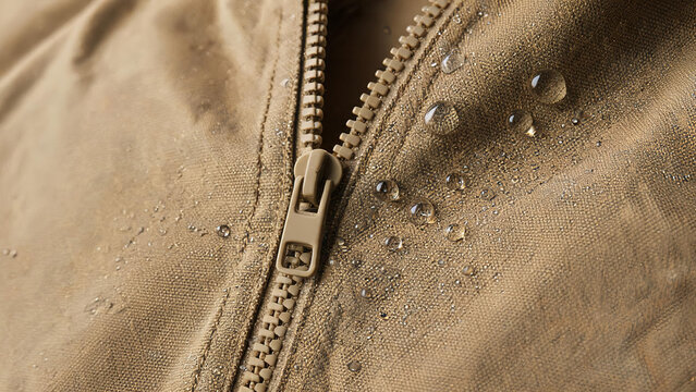 Close-up of water-resistant tan fabric with zipper and water droplets, demonstrating water repellent function for outdoor apparel.