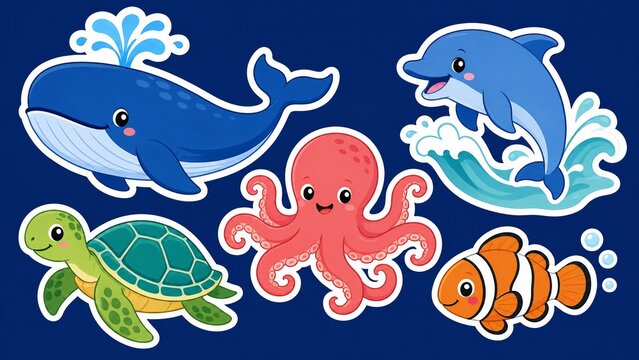 Cute sea animal sticker set, cartoon whale dolphin octopus turtle and clownfish characters, blue ocean background, vibrant aquatic life illustrations for kids