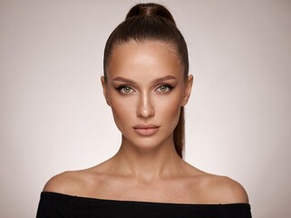 Fototapeta premium Studio portrait of beautiful woman with bare shoulders winged eyeliner and sleek high ponytail