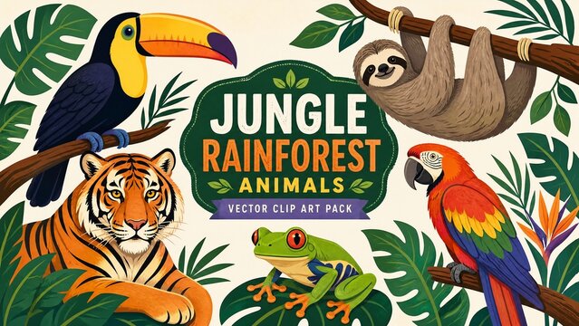Jungle rainforest animals vector clip art pack, tiger sloth toucan parrot and frog illustration, tropical foliage background, colorful wildlife nature banner