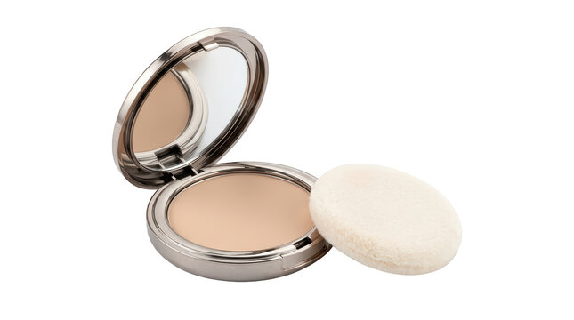 Cosmetic compact powder with puff accessory in metallic case with reflected surface isolated on transparent background