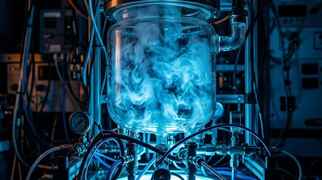 Scientific glass reactor vessel with swirling vapor in blue lab