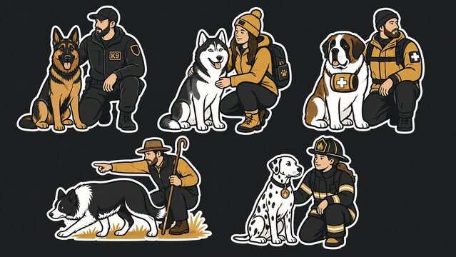 Working dog sticker set, professional handlers with service animals, rescue and emergency personnel illustrations, flat vector icons on dark background