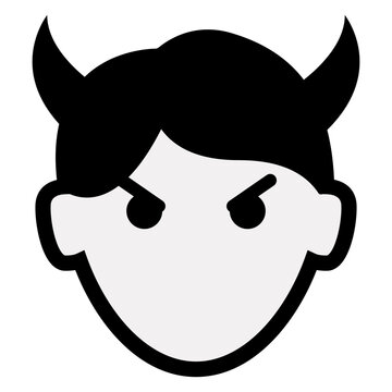 Logo con emoticono de cara de demonio para felicitaciones y tarjetas de Halloween. Icono con dibujo sencillo de la cabeza de un diablo chico como personaje emoji