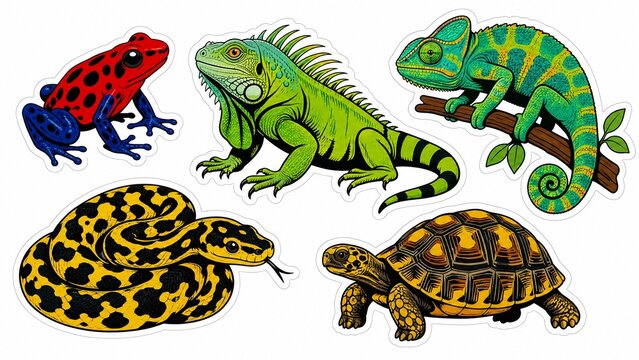 Reptile and amphibian sticker set, colorful illustrations of frog, iguana, chameleon, snake, and tortoise, vibrant wildlife collection on white background