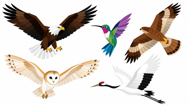 Bird collection with eagle, owl, hawk, hummingbird and crane, geometric vector illustration style, isolated on white background, wildlife graphic design set