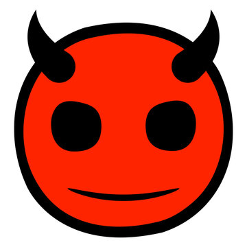 Logo con emoticono de demonio para felicitaciones y tarjetas de Halloween. Icono con dibujo sencillo de un c&iacute;rculo con cuernos de diablo como personaje emoji