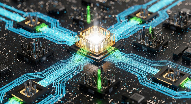 Central processing unit illuminates with intense energy while glowing pathways distribute powerful electrical signals across complex electronic hardware infrastructure inside a machine