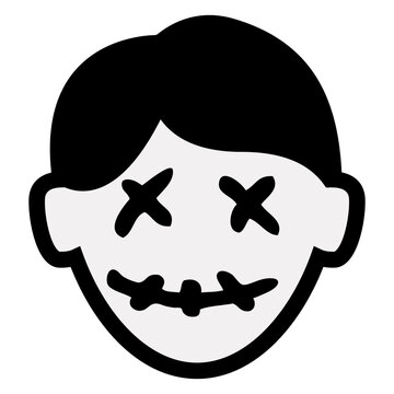 Logo con emoticono de zombi simp&aacute;tico para felicitaciones y tarjetas de Halloween. Icono con dibujo sencillo de la cabeza de chico zombi con expresi&oacute;n alegre como personaje emoji