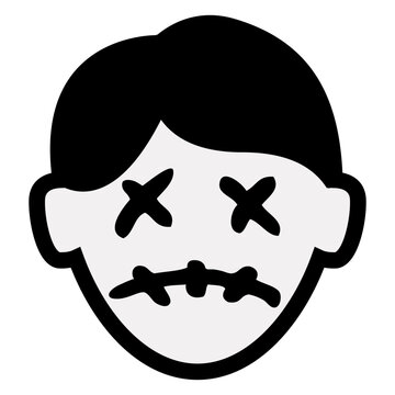 Logo con emoticono de zombi triste para felicitaciones y tarjetas de Halloween. Icono con dibujo sencillo de la cabeza de chico zombi con expresi&oacute;n triste como personaje emoji