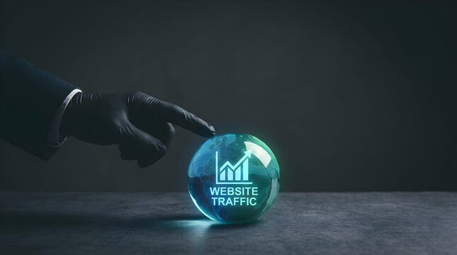 A person wearing a black glove points at a glowing glass globe showing website traffic data