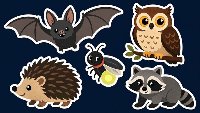 Nocturnal animal sticker set, cute cartoon owl, bat, raccoon, hedgehog, and firefly illustrations, white border decals on dark blue background