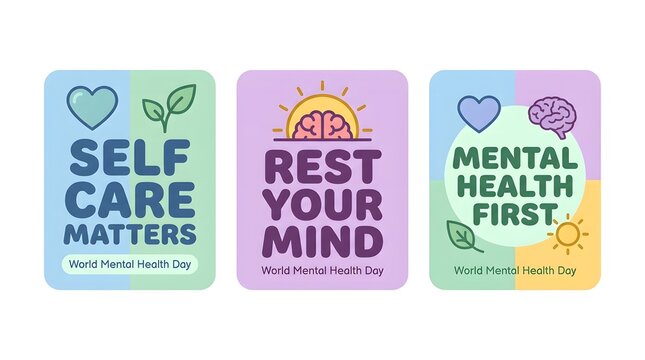 Three colorful cards promoting self-care and mental health awareness