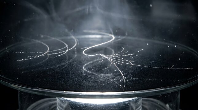 Scientific cloud chamber showing subatomic particle tracks