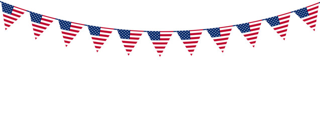 Fototapeta premium USA party bunting flags garland isolated on transparent background. Copy space. PNG. Vector
