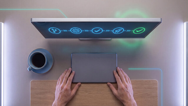 DevOps pipeline and software deployment automation concept. Hands on tablet with monitor showing workflow icons, code, build, test and launch steps for CI CD process and release management