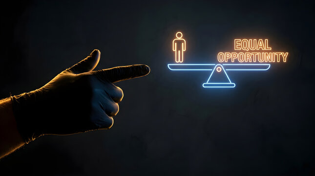 Gloved hand pointing at a neon balance scale symbol with equal opportunity text on dark background