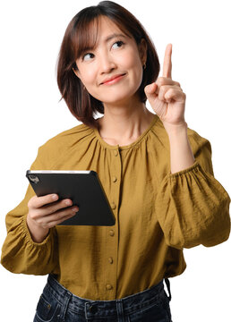 Asian woman holding tablet and pointing upward with curious expression isolated on transparent background