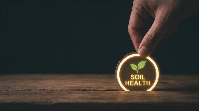 Hand placing a glowing circular soil health icon on a rustic wooden surface