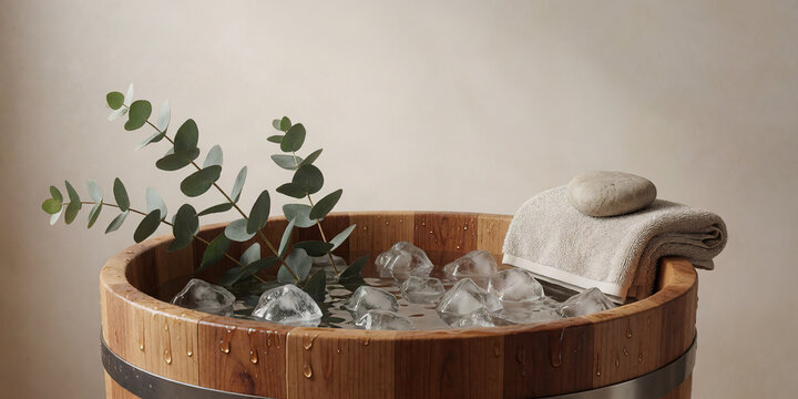 Wooden cold plunge tub with icy water and eucalyptus inside soft towel and flat stone