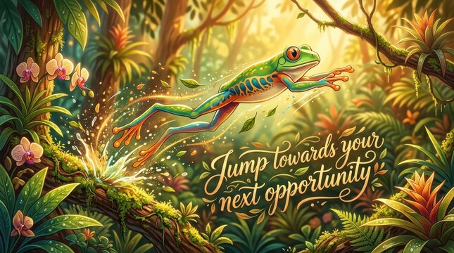 Vibrant green frog leaping through lush jungle foliage with inspirational quote "Jump towards your next opportunity"