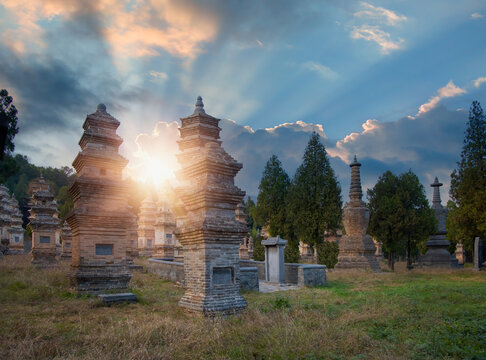 Pagoda Forest at Shaolin Temple, one of the largest pagoda forests at sunset - China,
